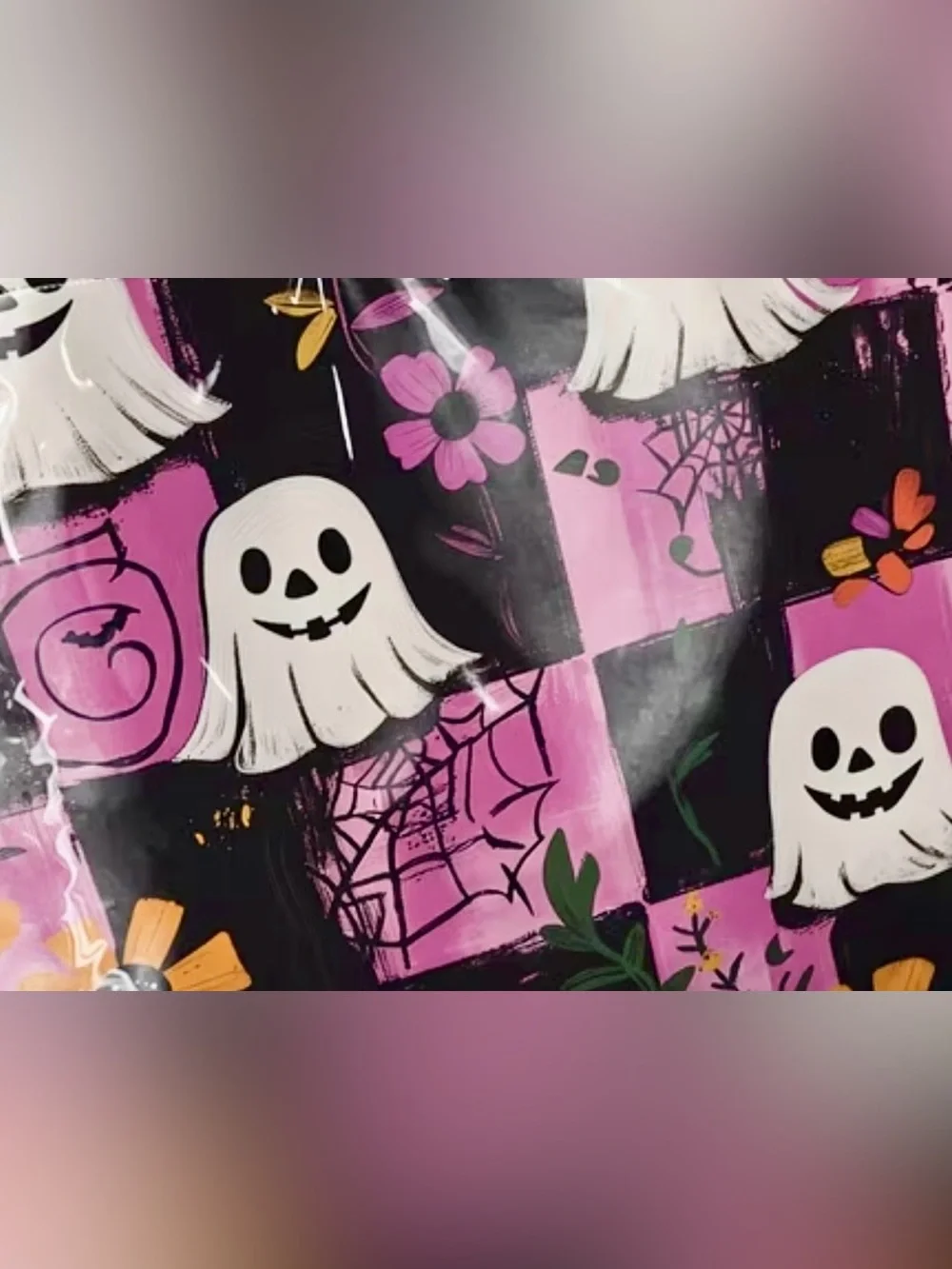 New Halloween Ghost Purple & Black Checkered PVC Handbag Purse Tote Bag 17.5x12”